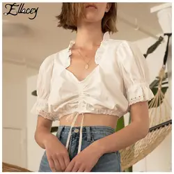 Ellacey Новый 2018 белый шнурок Топы Для женщин блузка Винтаж кукла на веревочках рубашка короткий рукав Сладкий Рубашка белого цвета для