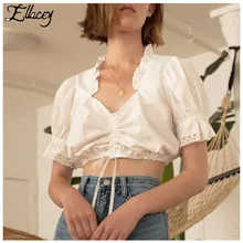 ¡Novedad de 2019! blusa blanca Ellacey con cordón para mujer, blusa con cadena Vintage para muñeca, camisa blanca de manga corta para niñas