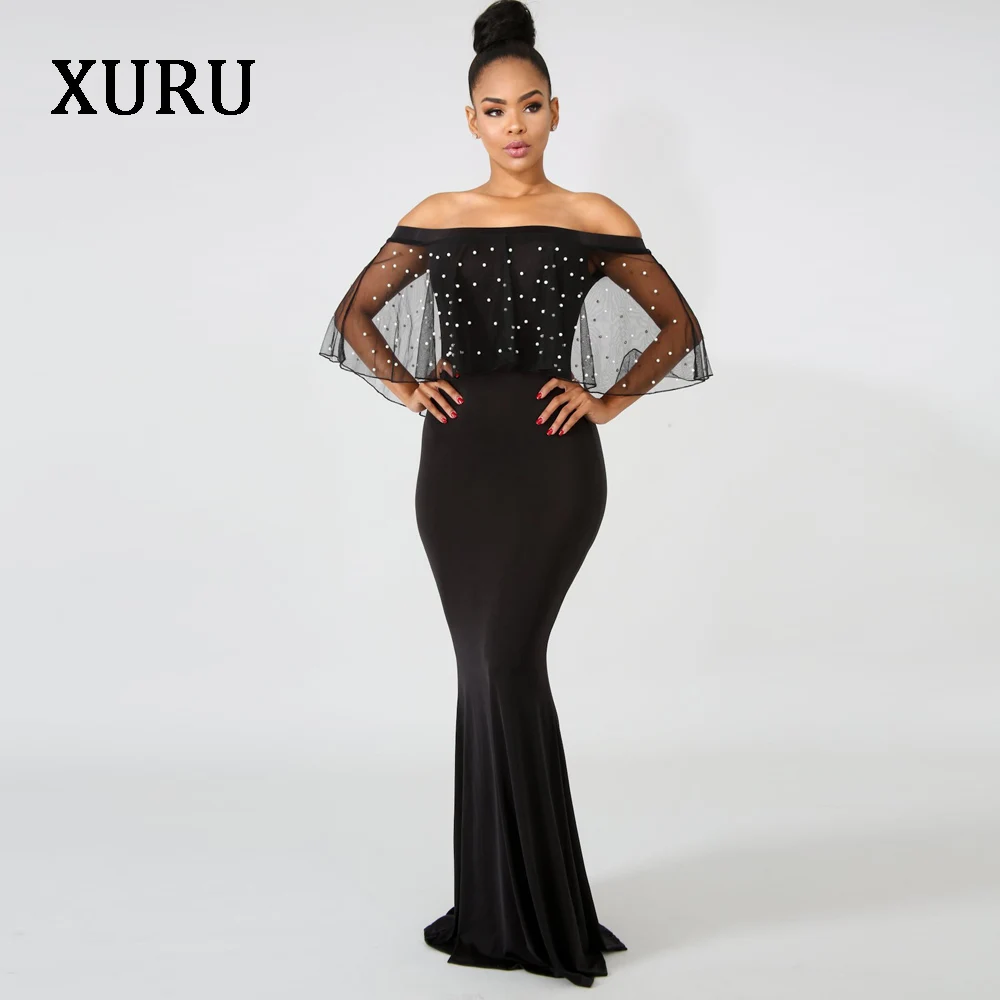 XURU с открытыми плечами, сексуальное женское платье-русалка, с вырезом лодочкой, Сетчатое, с бисером, черное, длинное, макси, платья, элегантное вечернее платье, XXXXL - Цвет: Черный