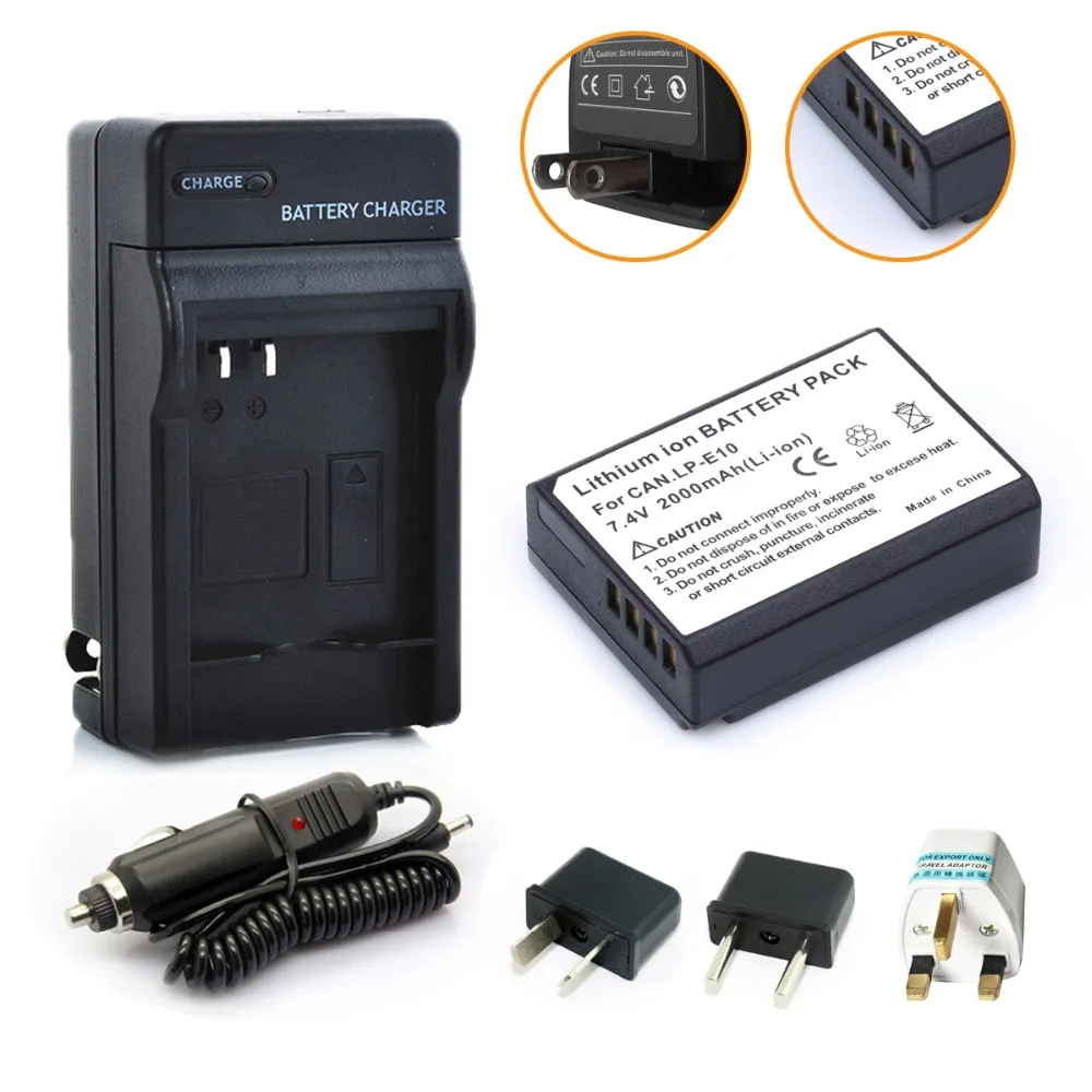 

HIBTY 7.4V 2000mAh 1Pcs LP-E10 LPE10 Rechargeable Li-ion Battery + Car Charger + Adapter for CANON EOS 1100D KISS X50 REBEL T3
