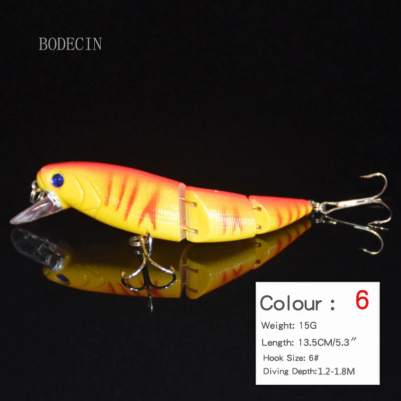1pcs Minnow Fishing Wobblers Fake Lure 135mm 15g Lures 3 Segment Hard Artificial Bait Tackle For Peche Supplies Sea Fish 6# Hooks (6)