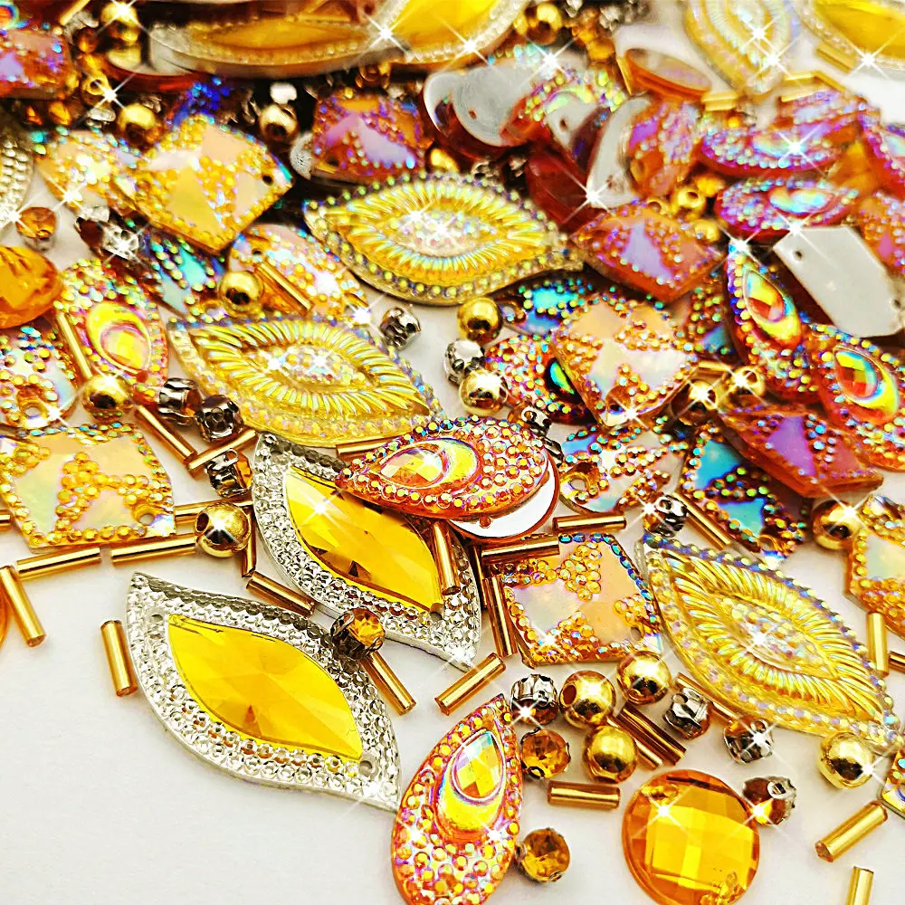

Mix Shape 330pcs Sew On Yellow Stones and Crystals Yellow AB Rhinestone For Makeup Wedding Clothing Garment Dress diy Decoration