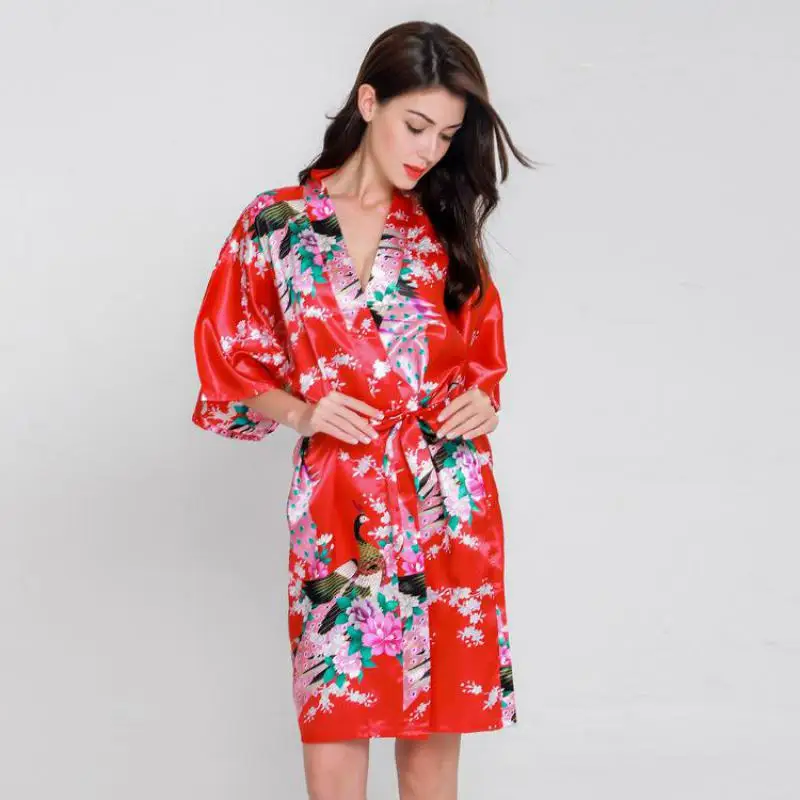 

Women Bride Bridesmaid Wedding Party Robe Female Sleepwear Print Floral&Peacock Kimono Bathrobe Rayon Nightgown Home Clothes
