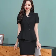Female Skirt Suit Short Sleeve Slim Waist Ruffle Blazer Jacket+Skirt 2 Pieces Business Skirt Suits Office Clothes ow0516