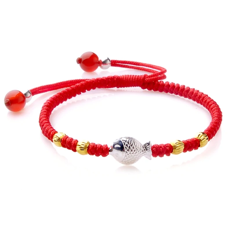 

New Real 24k Yellow Gold Silver Fish Bead Chain Women Bead Knitted Bracelet Adjustable