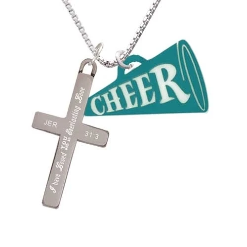 Acrylic 1.25 Teal Cheer Megaphone - Everlasting Love - Cross Necklace (1)