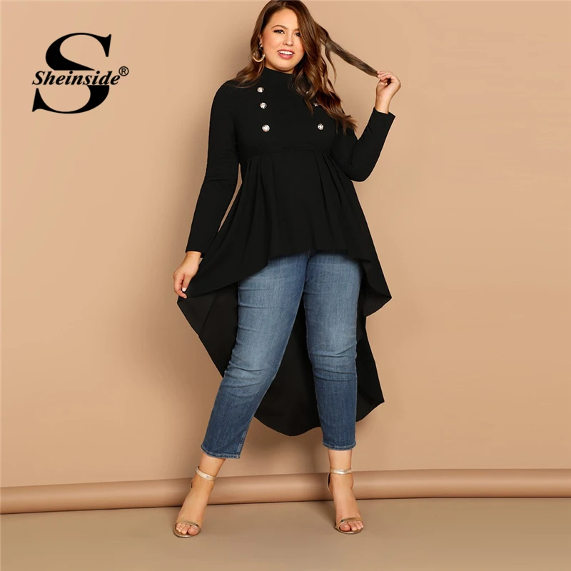 

Sheinside Plus Size Black Blouse Women Tops Mock Neck Double Breasted Dip Hem Top Female Asymmetrical Long Sleeve Womens Blouses