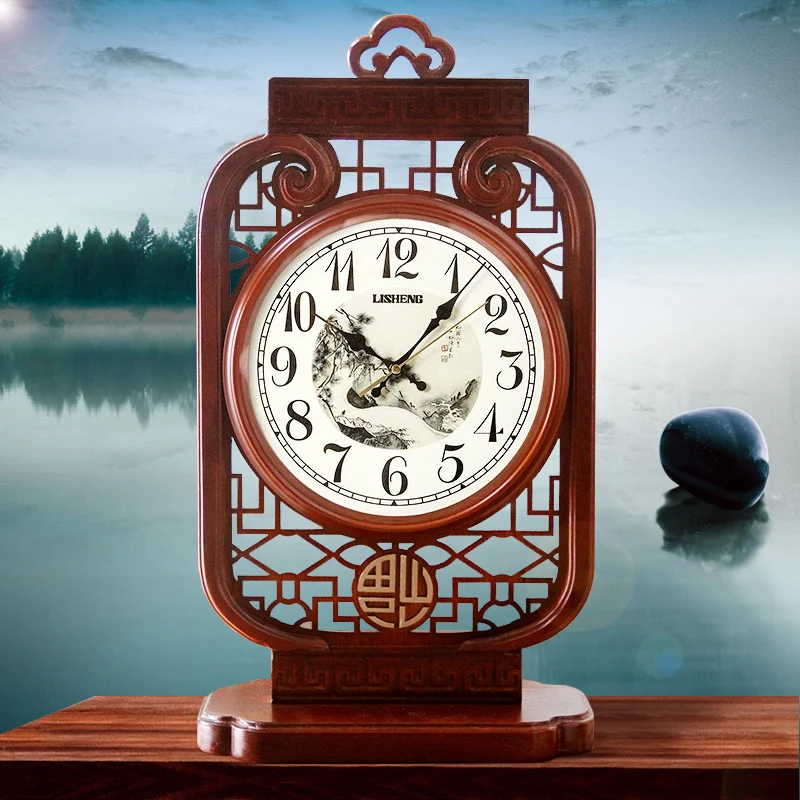 Chinese Livingroom Wood Clock Red Office Decoration Classic Desk Clocks