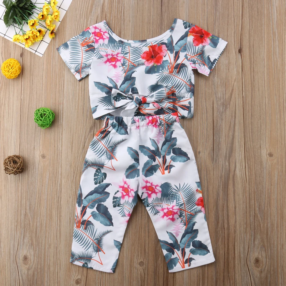 Комплект из 2 предметов для маленьких девочек с тропическим растением в стиле бохо и цветущей вишни, укороченный топ, футболка и штаны, летняя одежда