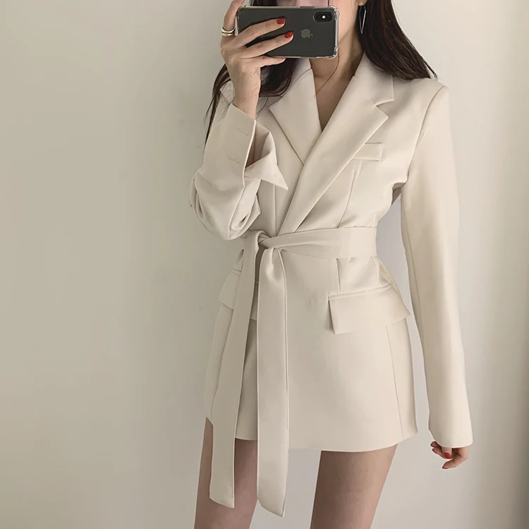 Fall Women Apricot Jackets Women long Jacket Black Suit Cape Long Sleeve Sashes Lace up Outwear Women