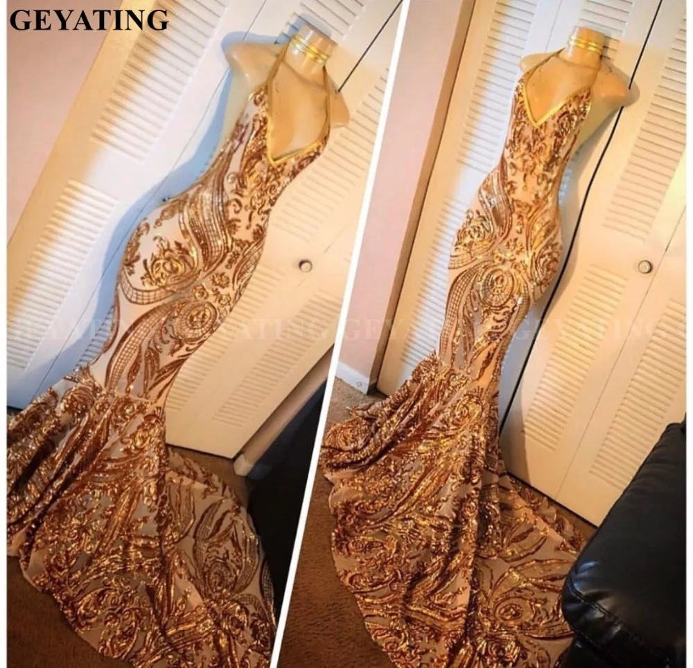 

Sparkly Rose Gold Sequin Long Mermaid African Prom Dresses 2019 Sexy Halter Backless Evening Party Gowns Graduation Formal Dress