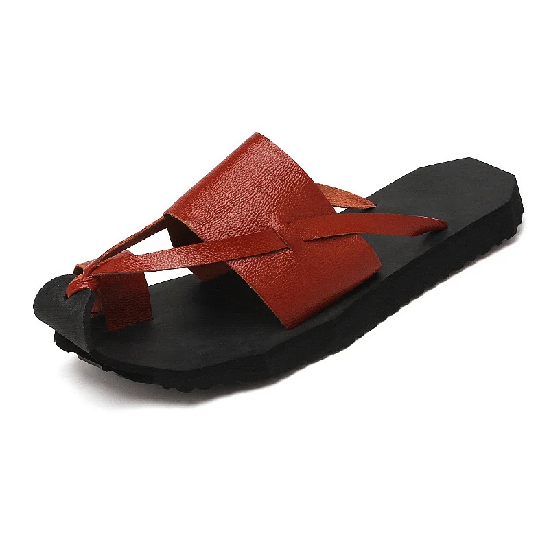 Genuine Leather Men Sandals Summer Shoes Men Flat Beach Sandals Cow Leather Slippers Male Holiday Shoes Thick Sole A1293