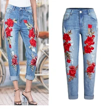 3D Роза, вышивка Цветочная Джинсы женские Мешковатые Джинсы бойфренда рваные Стрейчевые джинсы больших размеров Длинные свободные прямые джинсовые брюки
