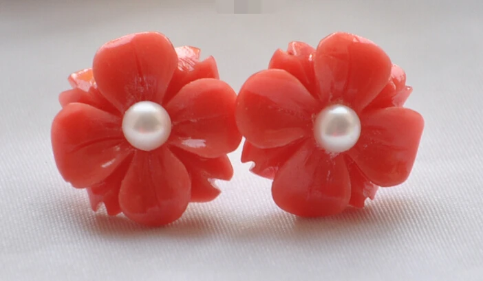 

FREE SHIPPING>>> free shipping 12793 pink coral flower pearl stud earring