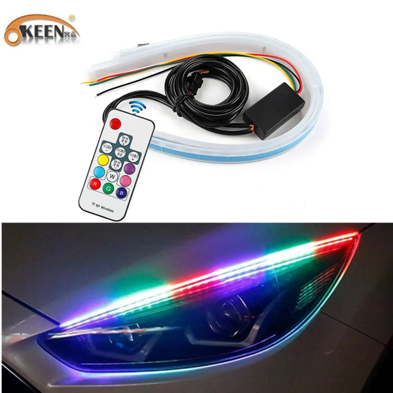 

OKEEN 2019 New RGB Slim Sequential Flexible LED DRL For Headlight Strip Daytime Running Light with Yellow Turn Signal Lamp 12V