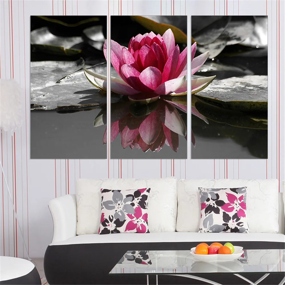 Modern Canvas Painting Lotus Print Home Decoration Flower Ink Unframed Wall Sticker for Room Decor Panels 3 Pieces | Дом и сад