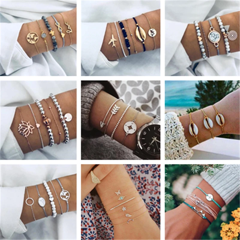 5 шт./компл. Классическая стрелка круглая карта Кристалл многослойный Регулируемый Открытый браслет набор женские модные вечерние ювелирные изделия несколько стилей