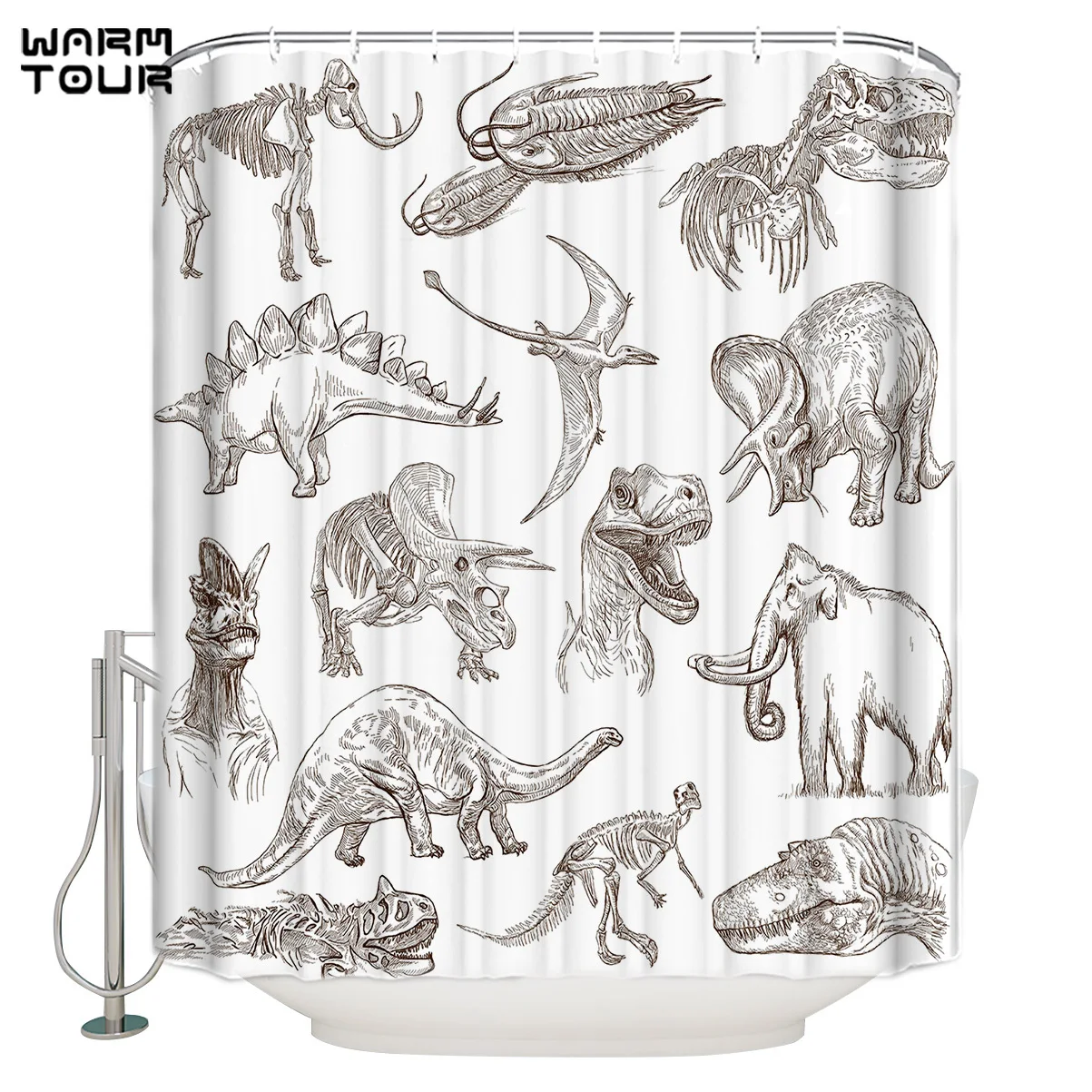 WARMTOUR Shower Curtain Dinosaur Illustrations Cartoon Waterproof Bathroom Decor | Дом и сад