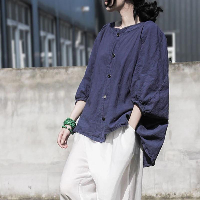 Johnature Women Navy Blue Shirts And 