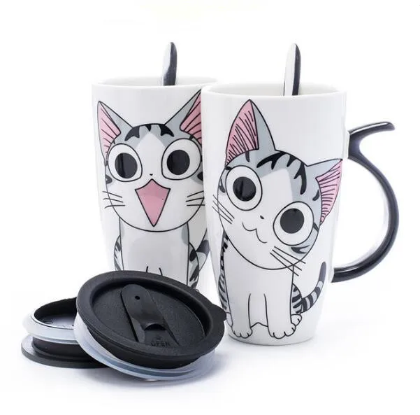 buy 600ml Creative Cat Ceramic Mug With Lid and Spoon Cartoon Milk Coffee Tea Cup Porcelain Mugs Nice Gifts