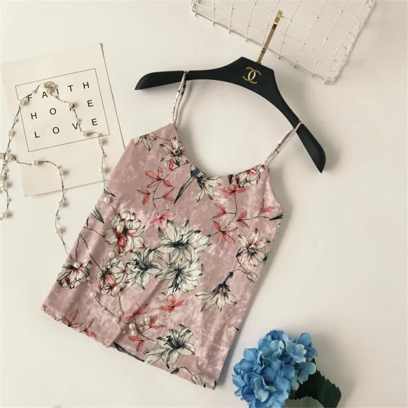 

Women Fashion Sexy Floral Print Velvet Camis Female Sweet V-Neck All-match Tanks Tops Girls Tank Top Woman Sweet Vest