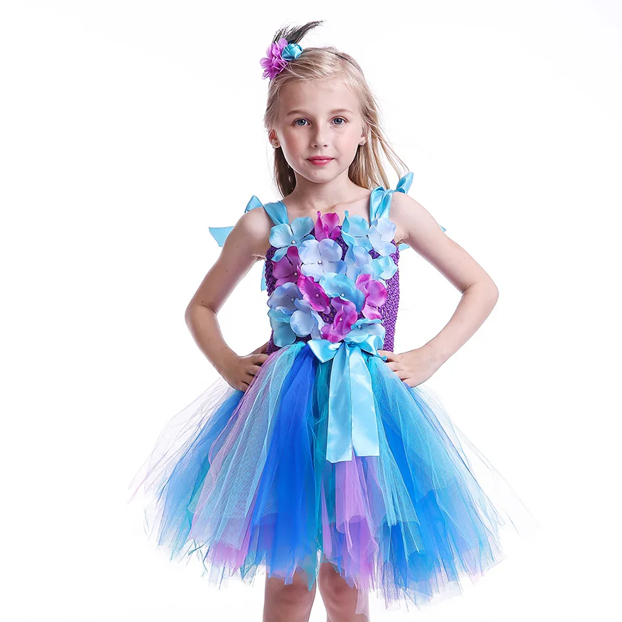 Girls Princess Peacock Flower Tutu Dress Children Handmade Purple and Blue Tulle (2)