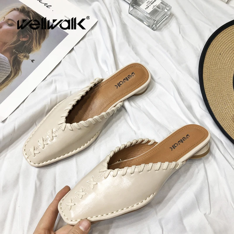 

Wellwalk Sewing Design Home Slippers Ladies Flat Mules Shoes Women Summer Slides Unicorn Women Loafers Open Back Office Lady