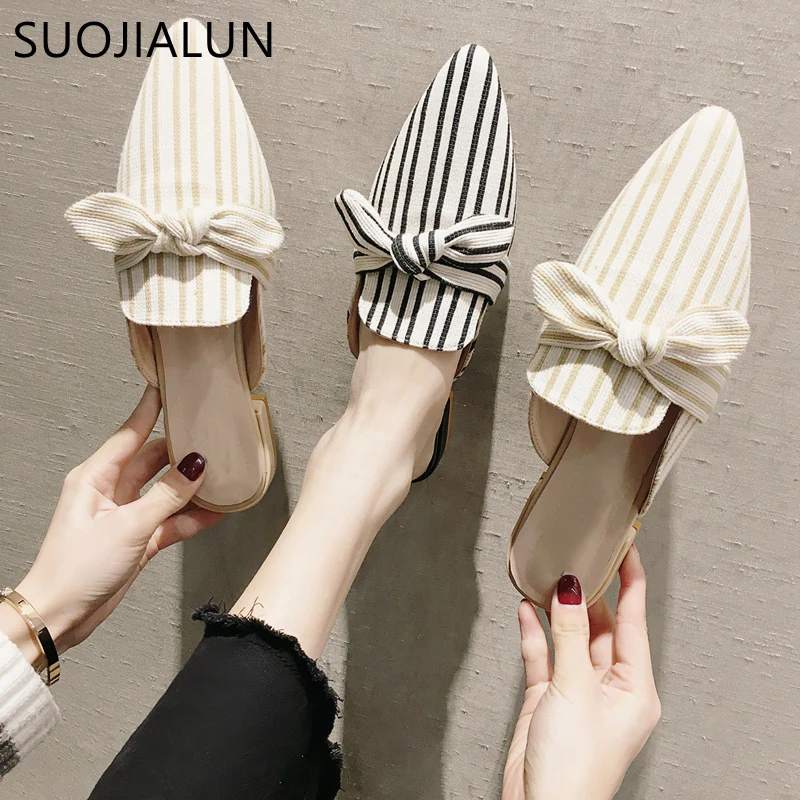 

SUOJIALUN Women Slippers Bowtie Flats Shoes Low Heels Spring Mules For Women Slip On Pointed Toe Women Mules Outdoor Slipper