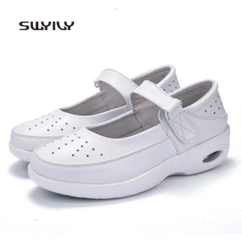 SWYIVY Women Sneakers Hollow Breathable Slimming Shoes 2018 New Wedge Cushioning Hook&Loop Female Espadrille Sport Swing Shoes
