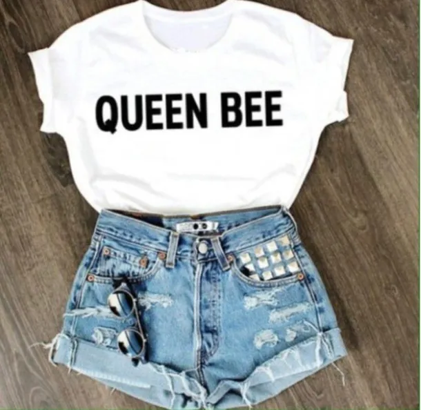 

Summer Shirt Women Plus Size Shirts Lady Clothing Women's Sweet T-shirt QUEEN BEE Letter Printing Short Sleeve Tops Harajuku