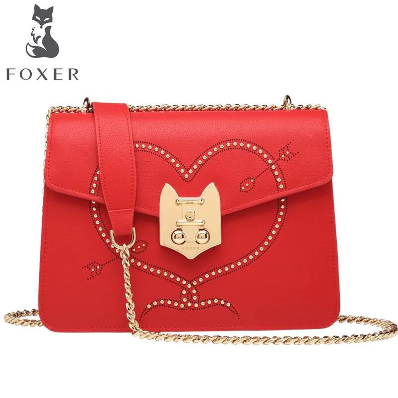 

2019 New FOXER brand women leather bag top quality fashion chains women shoulder messenger bag cowhide black Simple small bag