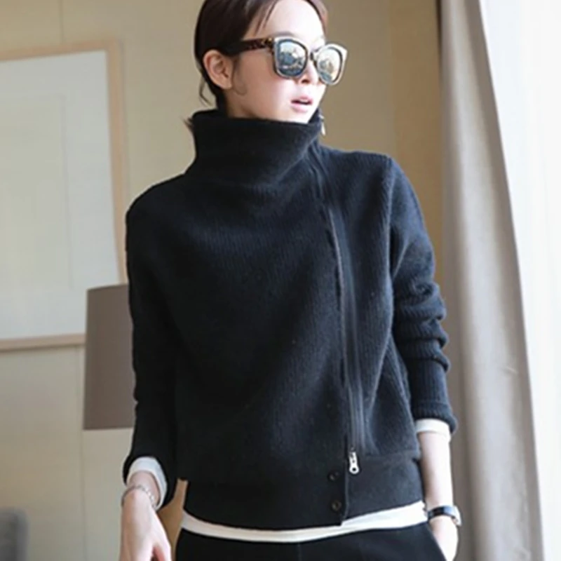 

2019 women Cardigan Double thickening loose turtleneck female sweater Ladies' Solid Cashmere Sweater Knitting Cardigans