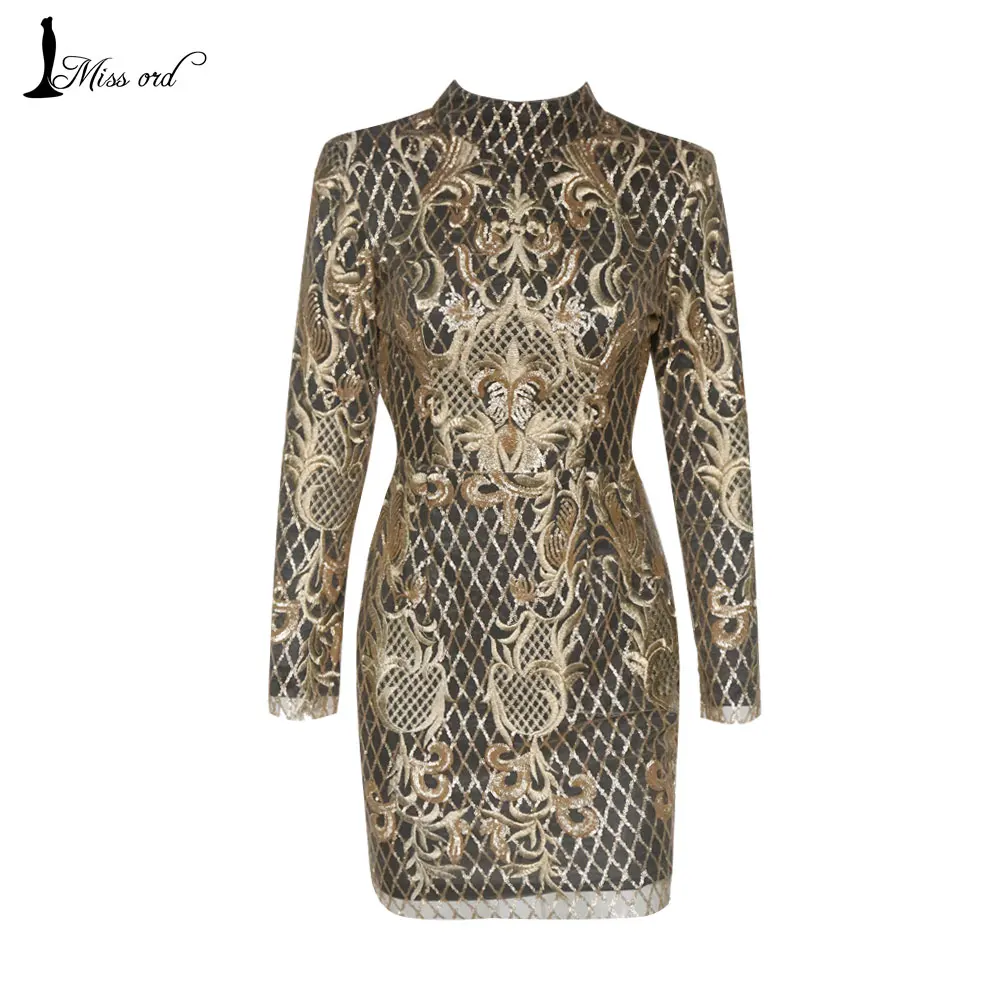  Free Shipping  Missord 2016 Sexy tight o-neck long sleeve halter sequin and embroidery dress FT4659 