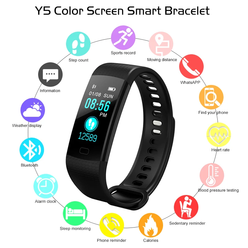 

Bluetooth Smart Bracelet Color Screen Y5 Smartband Heart Rate Monitor Blood Pressure Measurement Fitness Tracker Smart Watch Men