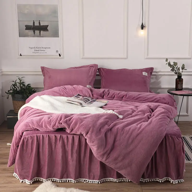 Pink Gray Fleece Princess Bedding set Queen King size for Girls Warm Soft Bed set Bed cover Bed skirt Duvet cover linge de lit