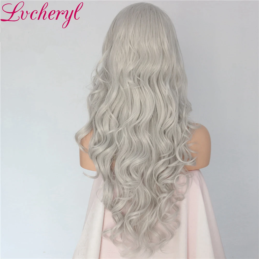 Lvcheryl, ручная вязка, натуральный, длинный, белый, серебристый, серый цвет, объемная волна, термостойкие волосы, синтетические парики на кружеве для женщин