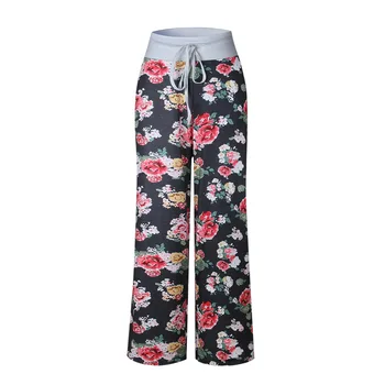 

Wontive 2019 Black Background Printed Wide Leg Pants Women Streetwear High Waist Pants Elastic Casual Drawstring Long Trousers