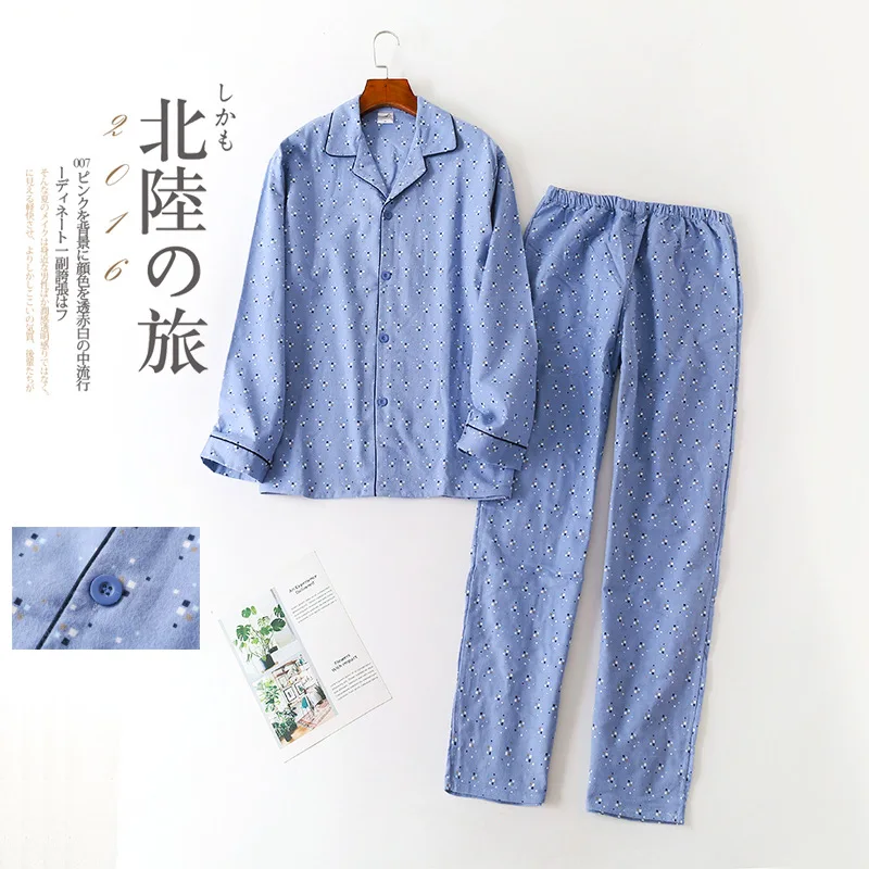 Man Autumn Winter Long-sleeved Trousers Pajama Set Striped Cotton Turn-down Collar Men's Pajamas Sleeping Wear Men Sleepwear - Цвет: Gray blue square