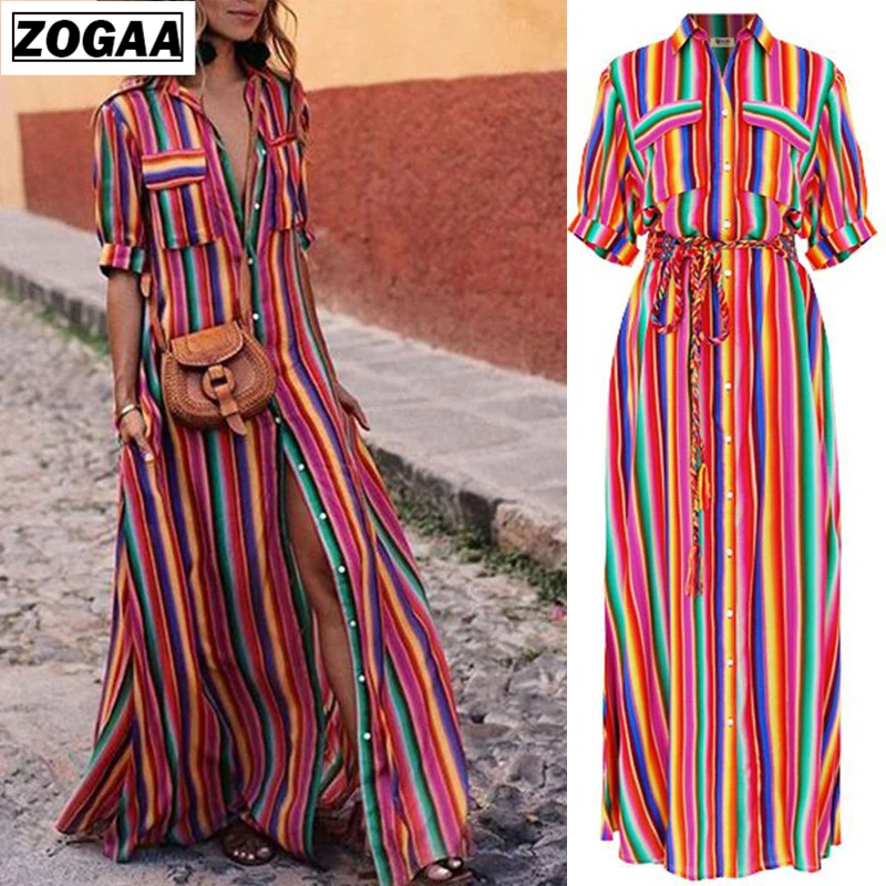 Online ZOGAA 2019 New Turn Imbottiture Collare Button Lace Up Camicia Lunga Delle Donne del Vestito Della Banda Maxi Abiti Office Lady Plus le Donne di formato Vestiti
