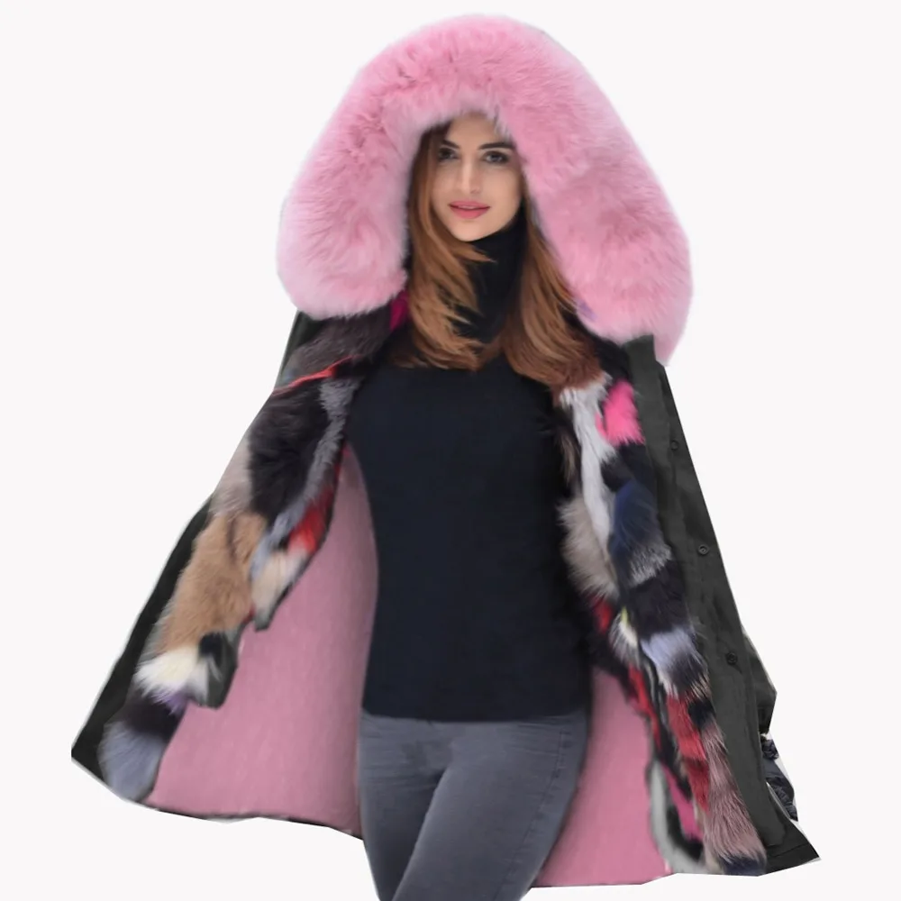 light pink coat with fur hood