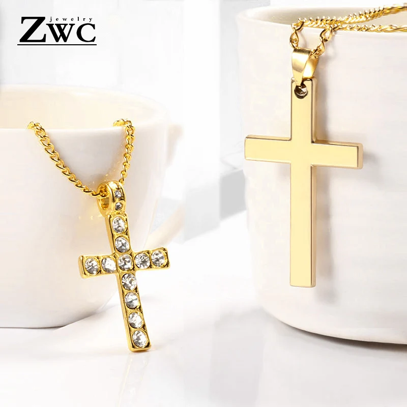 

ZWC Crystal Cross Long Gold Chains Necklaces for Women Men 2019 Fashion Christian Stainless Steel Link Chain Necklace Jewelry