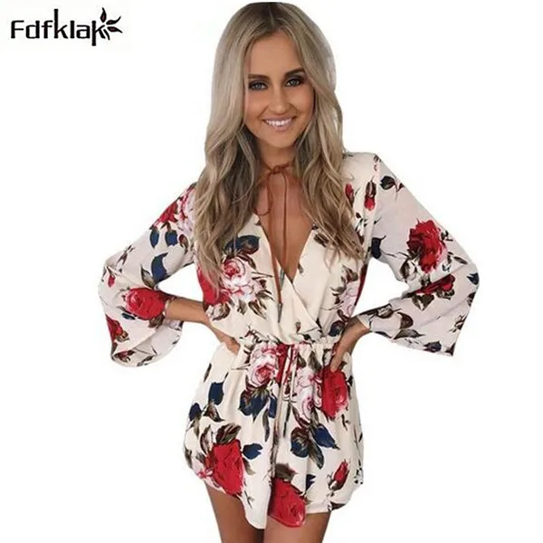 بوهو الزهور أنيقة بذلة النساء الشاطئ الصيف مثير الخامس الرقبة قطعة واحدة playsuit ارتداءها الأبيض الشيفون وزرة Q1042