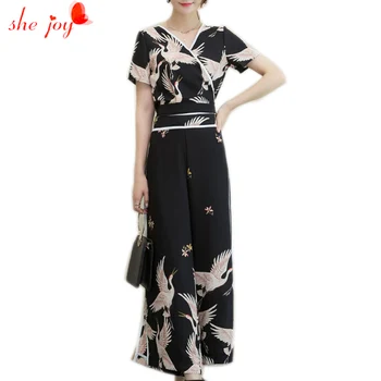 

New 2017 Designer Suit Set Women's 2 Piece Deep V Neck Shirt + Vintage Cranes Printing Wide Leg Pants Clothings Suits Sets