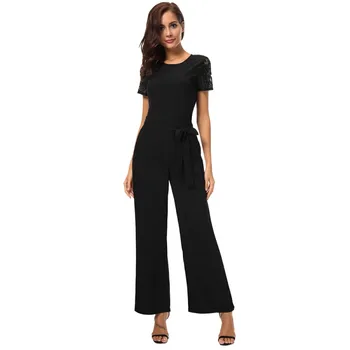 

Jumpsuit Long Pants Women Rompers Hollow Out Ladies Solid Elegant Female Lace Short-sleeved Backless Jumpsuits Overalls