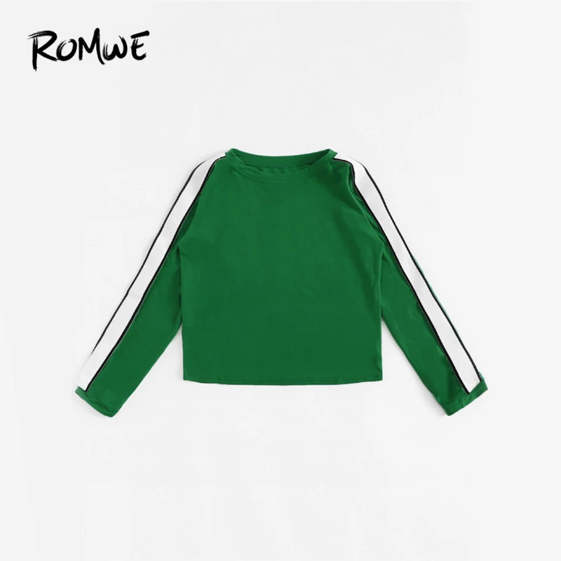 ROMWE зеленая полосатая футболка с ленточным рукавом, женские повседневные топы с круглым вырезом и длинными рукавами, осенняя Женская одежда, Весенняя футболка