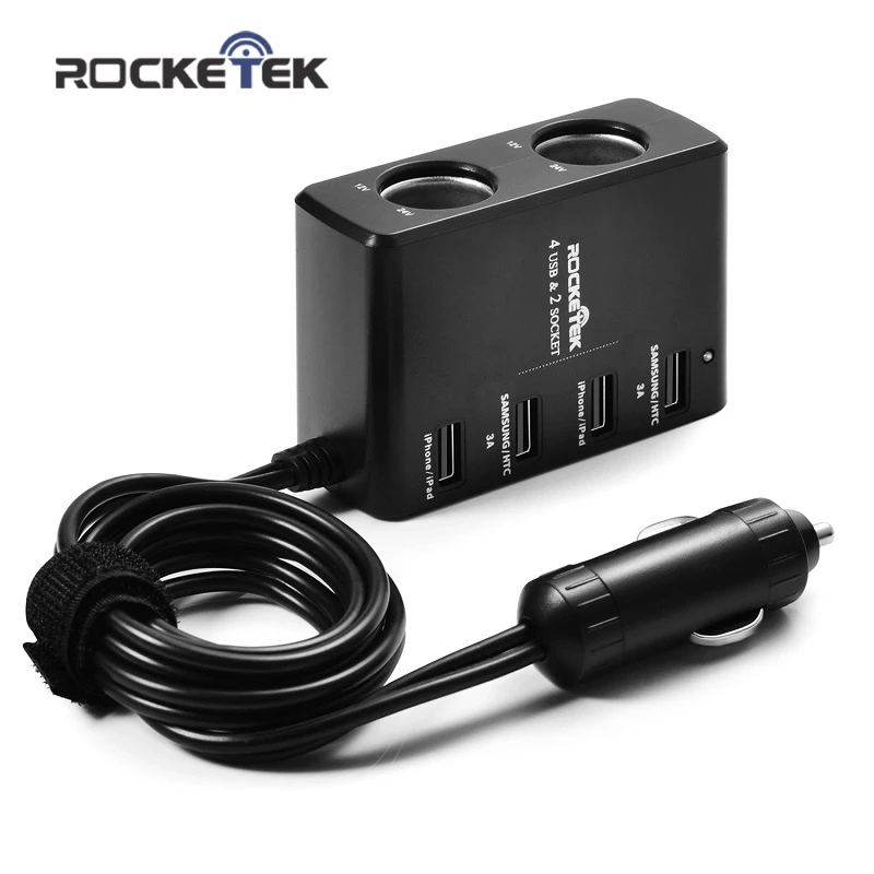 Автомобильное зарядное устройство Rocketek multi usb smart IC 4 USB 6A 2 гнезда прикуривателя аксессуары для Xiaomi автомобильное зарядное устройство