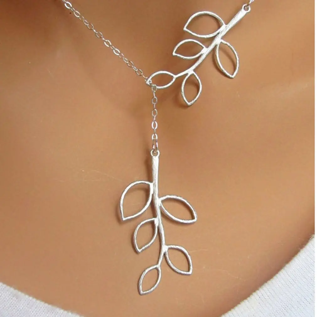 

Chic Branch Two Leaves Pendant Necklaces Charm Elegent Women Simple Accessories Jewelry Trendy Sweater Necklaces