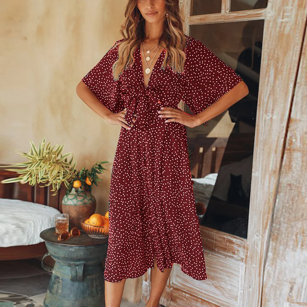 Bohemian Summer Dress Women Vintage Vestidos Chiffon Polka Dot V-neck Casual Beach Party Robe Femme Elegant Female Sundress