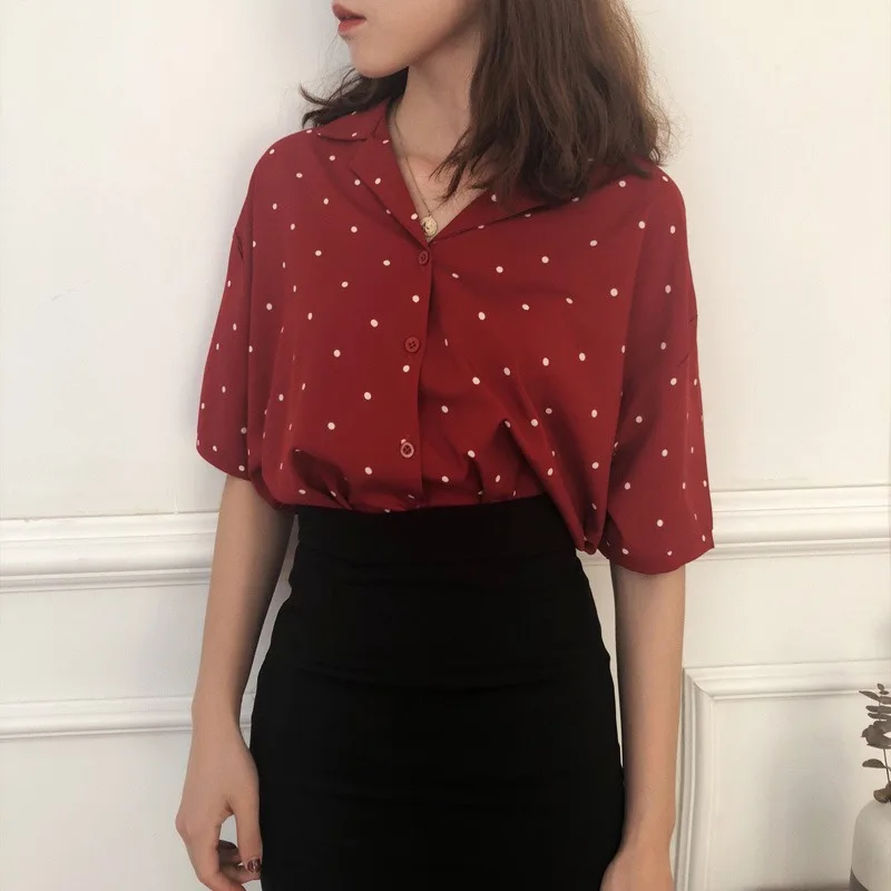 

Fashion Women Blouse Turn-down Collar Women Shirts Short Sleeve Polka Dot Shirt Slim Elegant Office Feminine Blouse