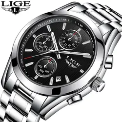 Lige Для мужчин часы лучший бренд роскошных Бизнес Повседневное Мода Спорт кварцевые Multi-Функция все стали Военная Униформа Просмотрам Relogio